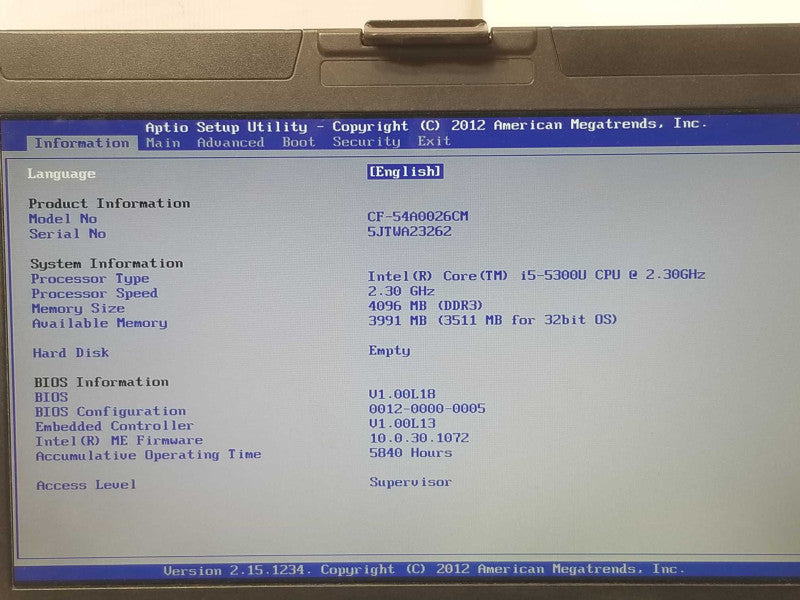 Panasonic Toughbook CF54 Core I5-5300U 2.3GHz 4GB RAM, 5840 Hrs READ _