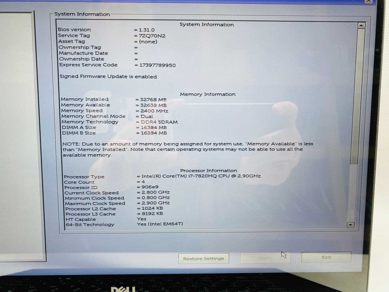 DELL Precision 5520 with i7-7820HQ CPU 32GB RAM & 512GB SSD Storage  -