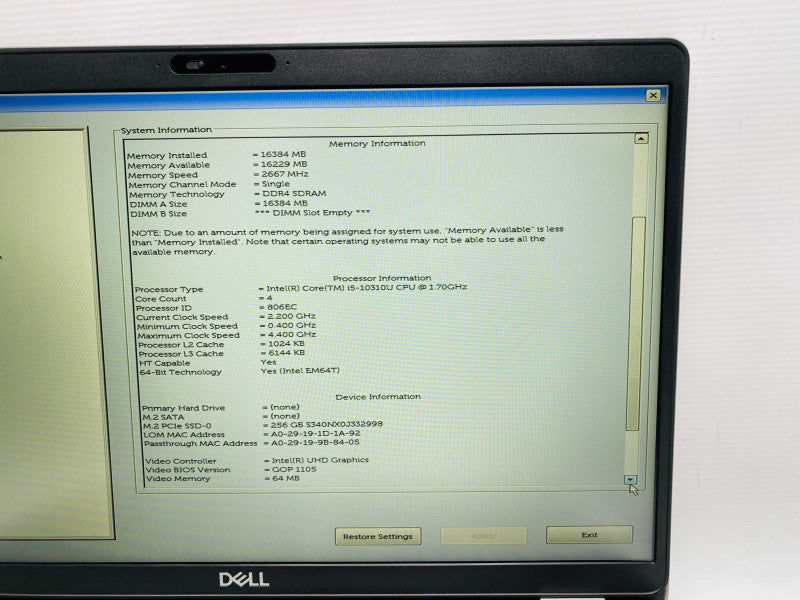 Dell Latitude 5510 with i5-10310U CPU 16GB RAM & 256GB SSD Storage  -