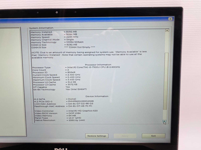 DELL Latitude 7480 with i5-7300U CPU 8GB RAM & 256GB SSD Storage  -