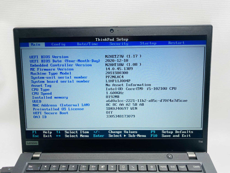Lenovo ThinkPad T14 Gen 1 with i5-10210U CPU 8GB RAM & 256GB NVMe READ -