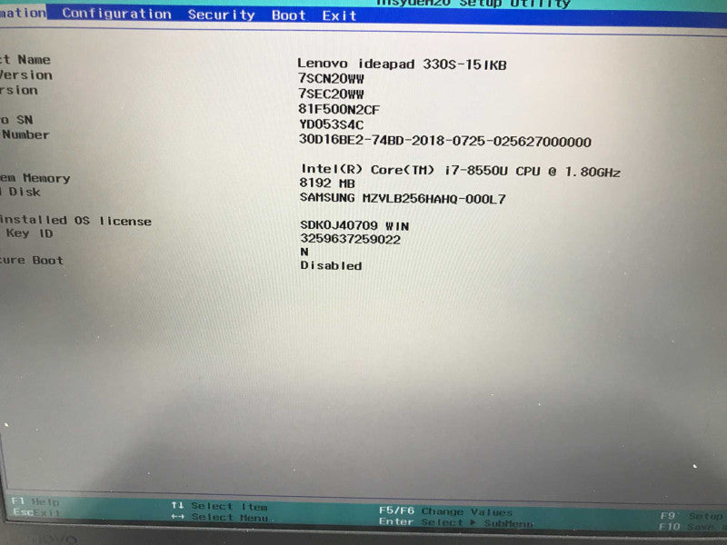 Lenovo Ideapad 330S-15IKB i7-8550U 8GB DDR4 256GB SSD
