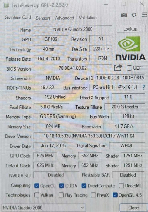 Nvidia Quadro 2000 1GB DDR5 DVI Dual DisplayPort Video Card )