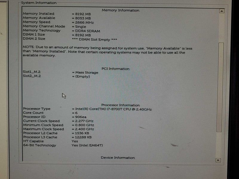 Dell OptiPlex 7070 Core i7-8700T @ 2.4GHz 8GB DDR4 No HDD Q(