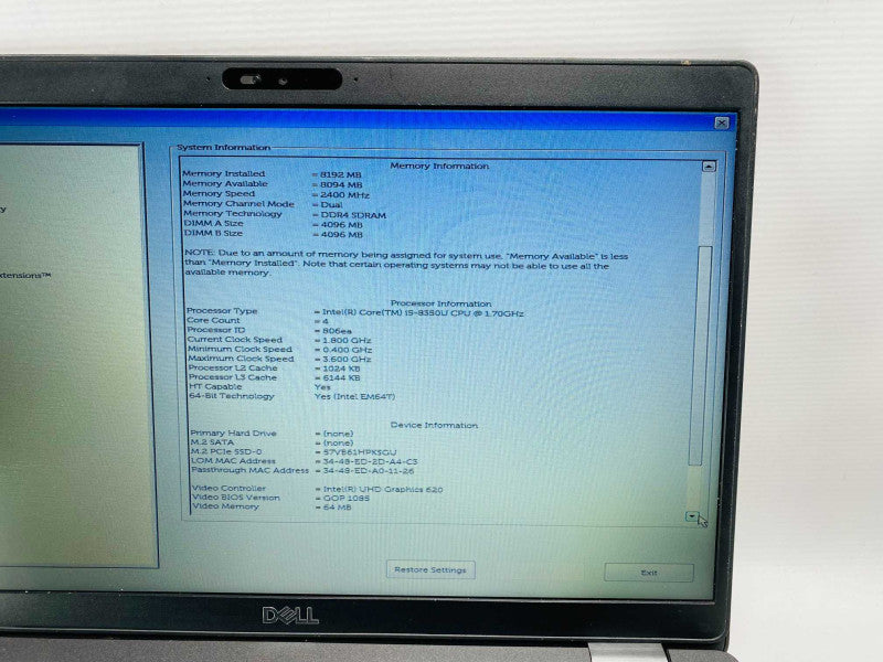 DELL Latitude 5400 with i5-8350U CPU 8GB RAM & 256GB SSD  -