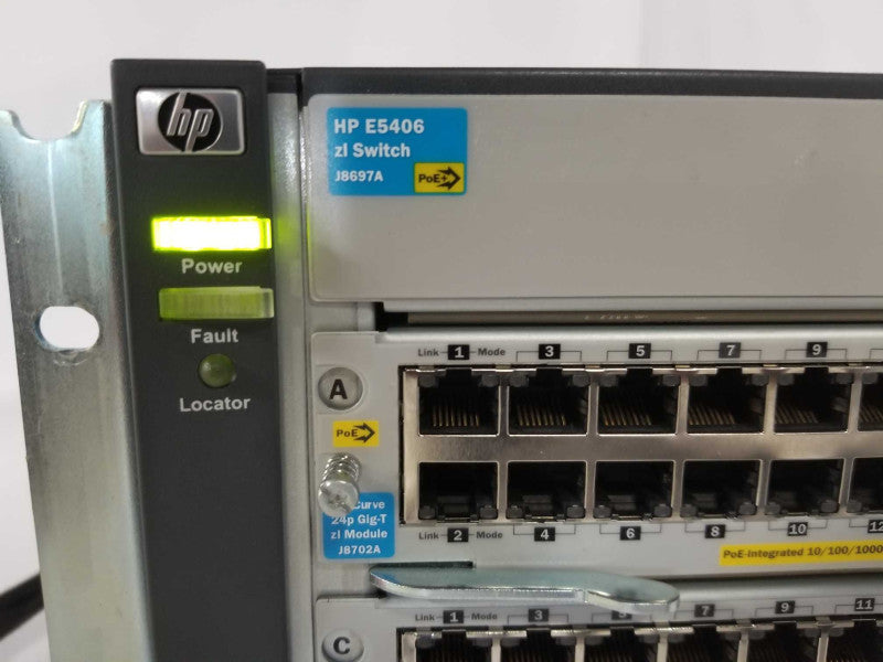 HP ProCurve E5406 POE+ J8697A Chassis w/ 4x J8702A Module 2x PSU _