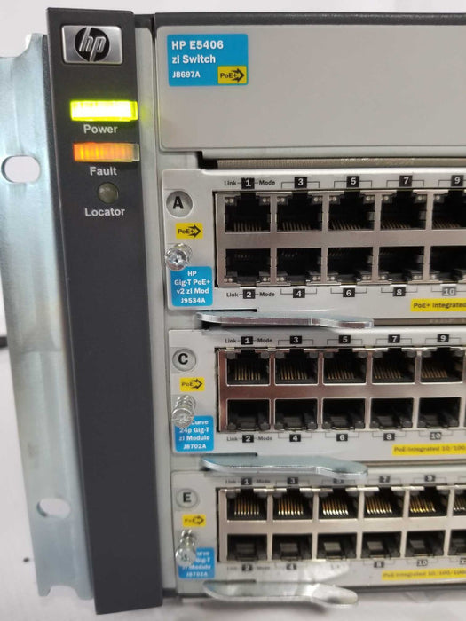 HP ProCurve E5406 POE+ J8697A Chassis w/ 6x J8702A Module 2x PSU _