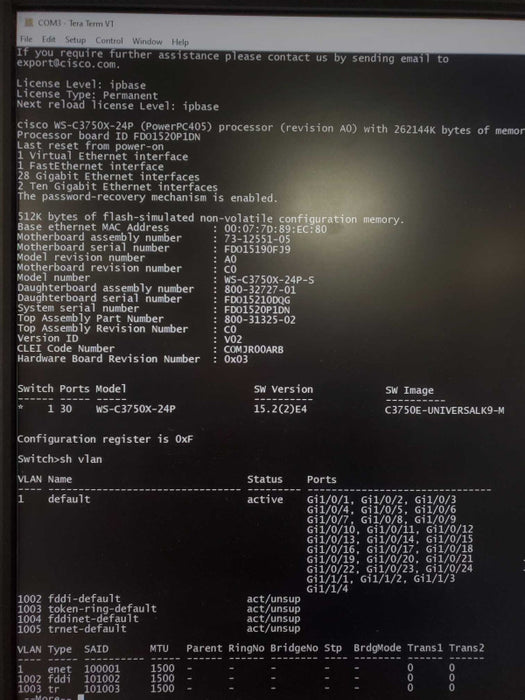 Cisco WS-C3750X-24P-S â¢ 24 Gigabit PoE Ports â¢ IP Base â¢ C3KX-NM-1G ~