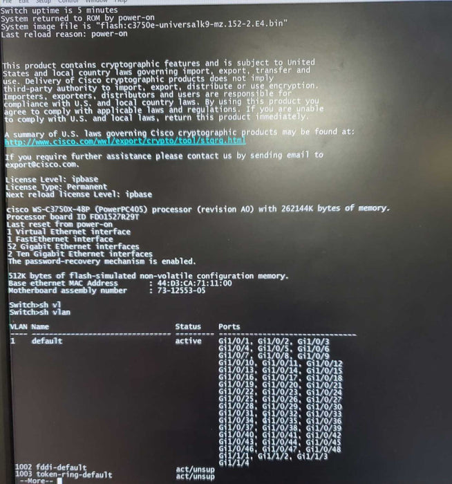 Cisco Catalyst WS-C3750X-48PF-S 48 Port Gigabit, 1PSU ~