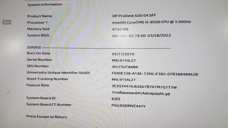HP ProDesk 600 G4 SFF i5-8500 @ 3.00ghz / 8gb ram / READ #