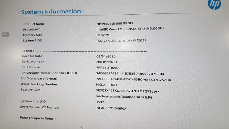 HP ProDesk 600 GS SFF i5-9500 @ 3.00ghz / 8gb ram / READ #