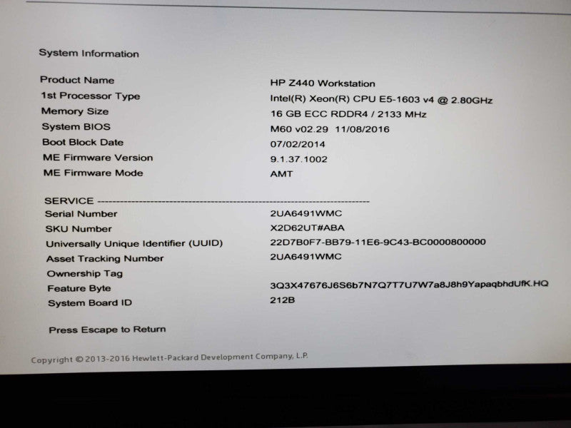 HP z440 Workstation Xeon E5-1603(v4) @ 2.80GHz 16GB DDR4 Quadro NVS 310 (