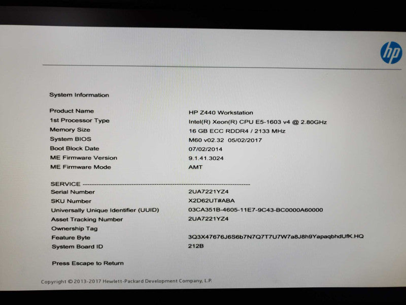 HP z440 Workstation Xeon E5-1603(v4) @ 2.80GHz 16GB DDR4 Quadro NVS 295 (
