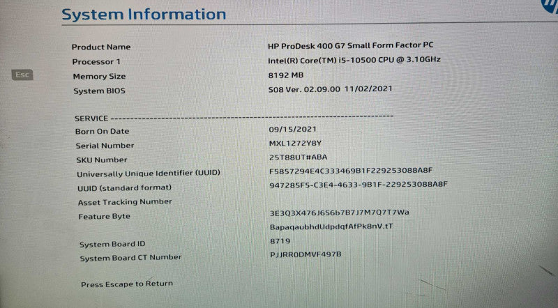 HP ProDesk 400 G7 SFF PC i5-10500 @ 3.10GHz 8 GB RAM NO HDD )