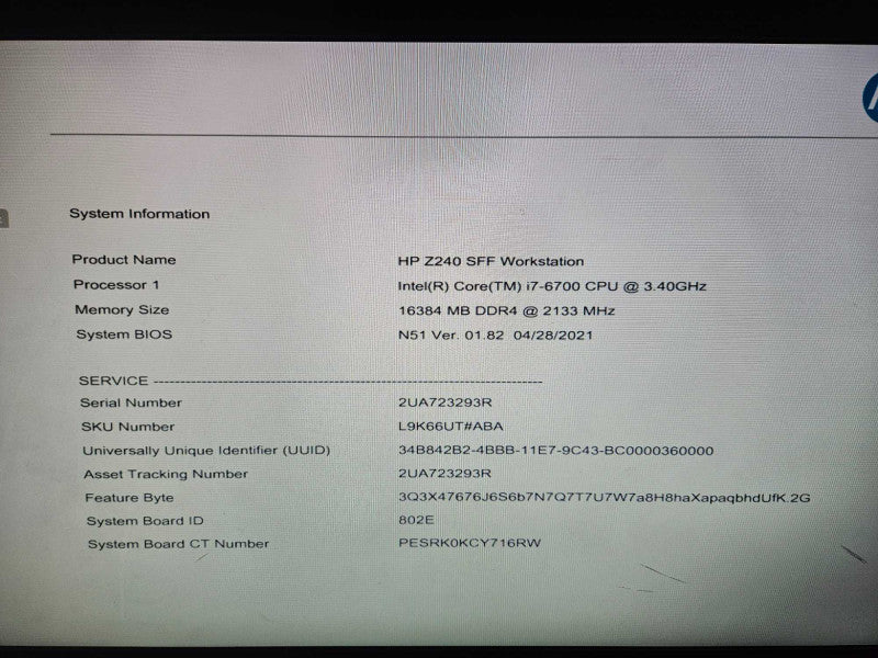 HP Z240 SFF Workstation i7-6700 @ 3.40GHz 16 GB RAM NO HDD )