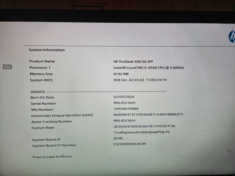 HP ProDesk 400 G6 SFF Intel Core i5-9500 3.0GHz CPU 8GB RAM No HDD No OS )