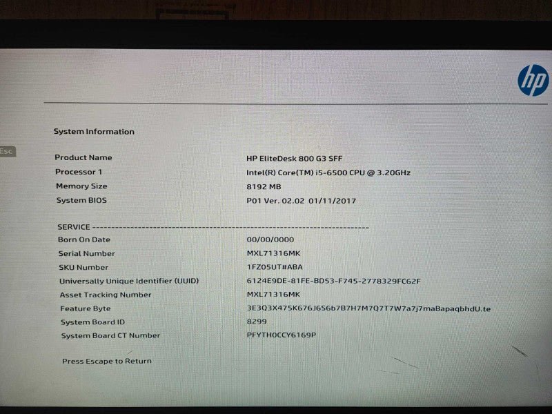HP EliteDesk 800 G3 SFF i5-6500 @ 3.20GHz 8 GB RAM NO HDD NO OS )