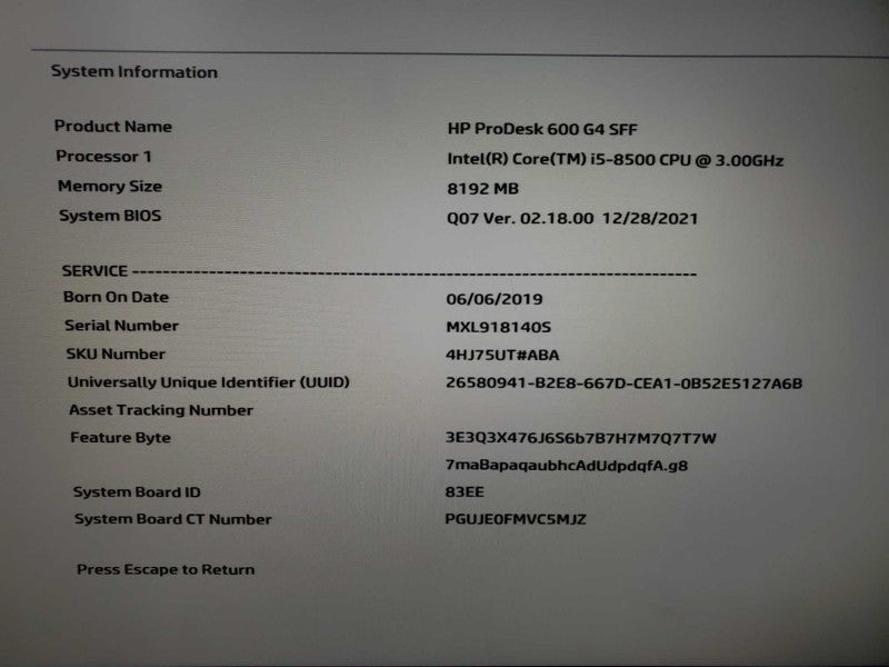 HP ProDesk 600 G4 SFF Core i5-8500 @ 3.0GHz 8GB DDR4 No HDD (