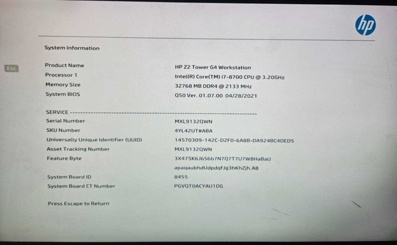 HP Z2 Tower G4 i7-8700 @ 3.20GHz 32GB DDR4 RAM NO HDD )