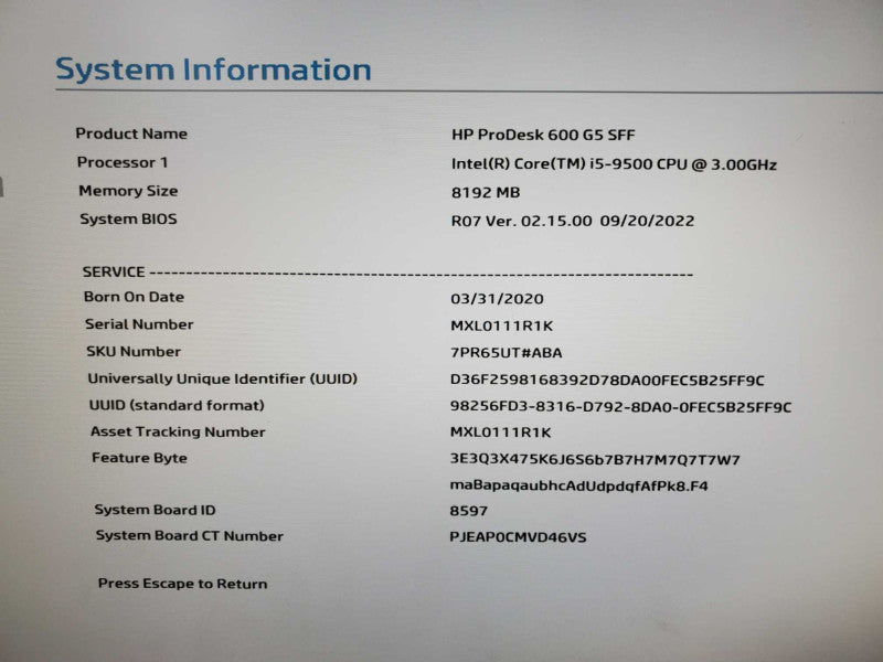 HP ProDesk 600 G5 SFF Core i5-9500 @ 3.0GHz 8GB DDR4 No HDD (