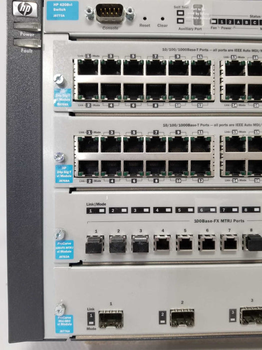 HP 4208vl J8773A switch w/ 2x J8768A, 2x J9033A, J8766A J8763A J8776A 1x PSU _