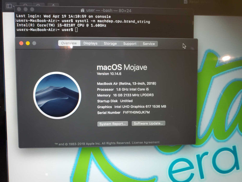MacBook Air 2018 13\\" Core i5-8210Y @ 1.6 GHz 16GB DDR3 250GB SSD (