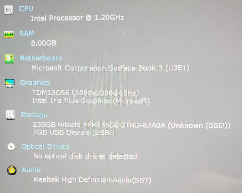 Surface Book 3 Core i5-1035G7 @ 1.2GHz 8GB DDR4 250GB SSD (