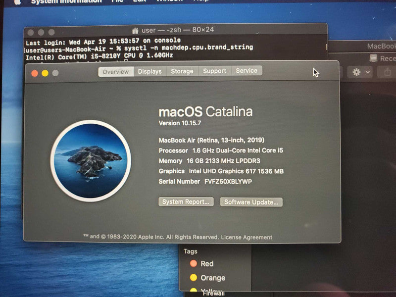 MacBook Air 2019 Core i5-8210Y @ 1.6GHz 16GB DDR3 250GB SSD (