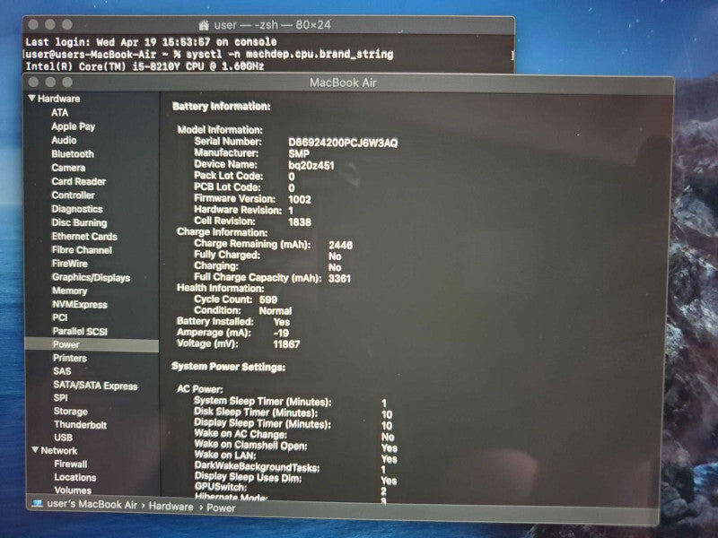 MacBook Air 2019 Core i5-8210Y @ 1.6GHz 16GB DDR3 250GB SSD (