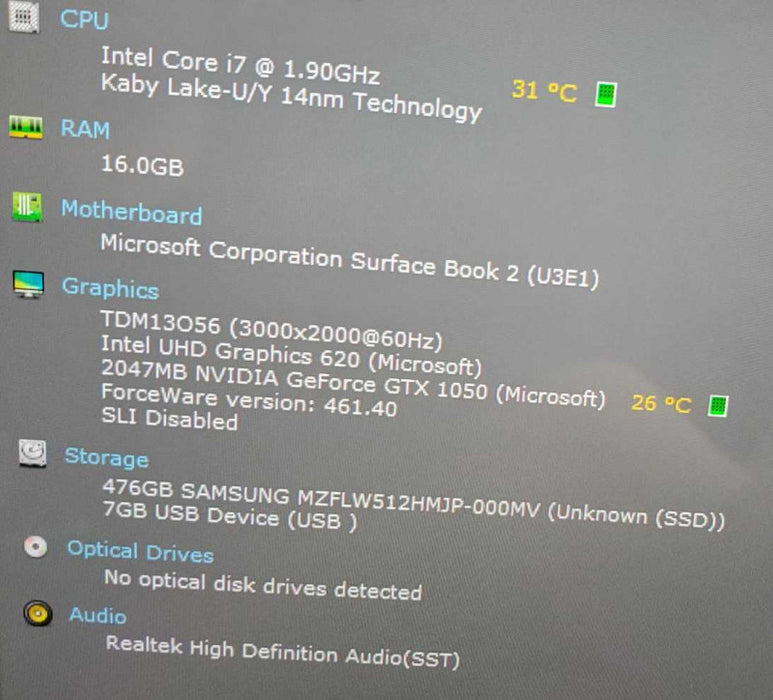 Microsoft Surface Book 2 Core i7-8650U @ 1.9GHz 16GB DDR4 500GB SSD GTX1050 (