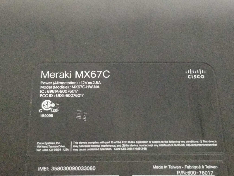 Cisco Meraki MX67C Cloud-Managed Security Appliance 600-76017, Claimed _