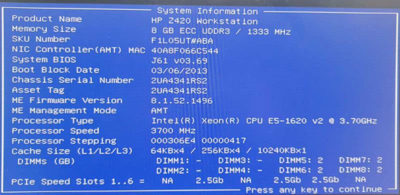 HP Z420 workstation E5-1620 v2 @ 3.70ghz 8GB RAM Quadro K2000D No HDD Q=