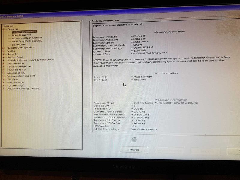 Dell Optiplex 7060 USFF Intel i5-8500T @ 2.10 GHZ 8GB DDR4 NO HDD