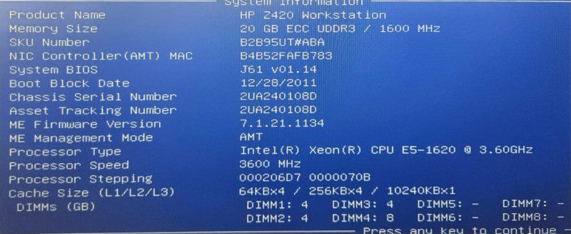 HP Z420 Workstation 1x Xeon E5-1620 @ 3.60GHz 20GB Ram Quadro 2000 GPU )