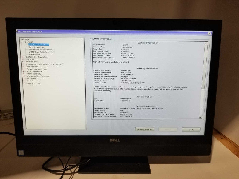 Dell Optiplex 7450 AiO - i7-7700 3.6GHz, 8GB RAM