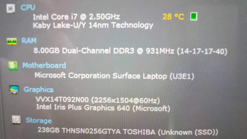 Microsoft Windows Surface 1769 i7-7660U @ 2.50ghz / 8gb ram / 256GB SSD #