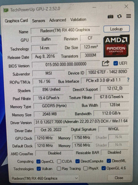 MSI Radeon Rx460 2GB