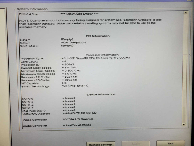 Dell precision T3420 Xeon E3-1220(v5) @3.0GHz 8GB DDR4 No HDD Quadro K420 (