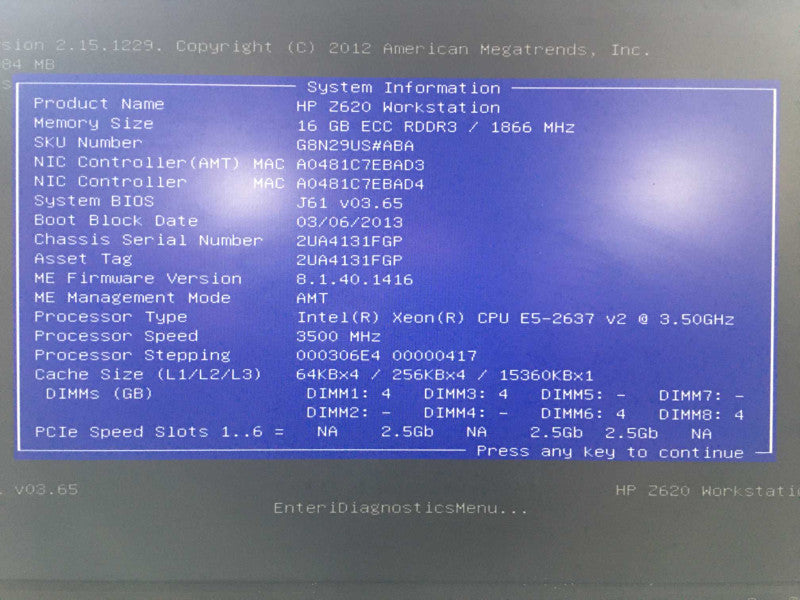 HP Z620  Xeon E5-2637 v2 @ 3.5GHz 16 GB DDR3,Nvidia Quadro k2000 2GB, No HDD