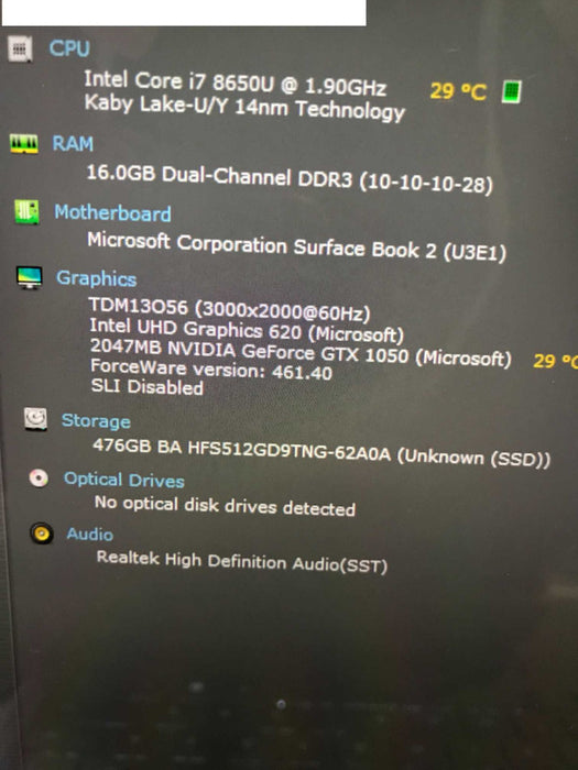 Microsoft Surface Book 2 i7-8650U, 16GB RAM, 480GB M.2