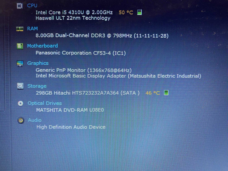 Panasonic ToughBook CF-53 Intel i5-4310U 8GB DDR3L RAM 320GB HDD