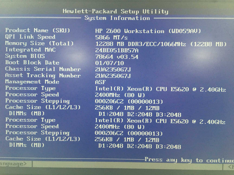HP Z600 Workstation Xeon E5620 @ 2.4Ghz, 12GB RAM, HD6250 1GB GPU, NO HDD