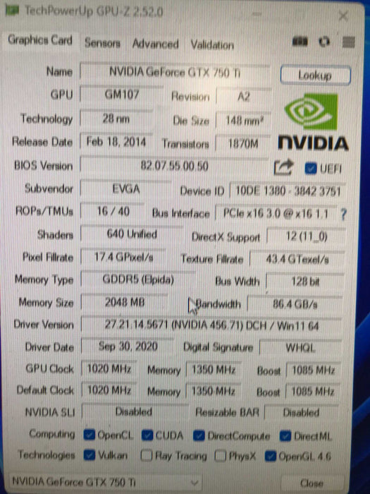 EVGA GTX 750 Ti 2GB