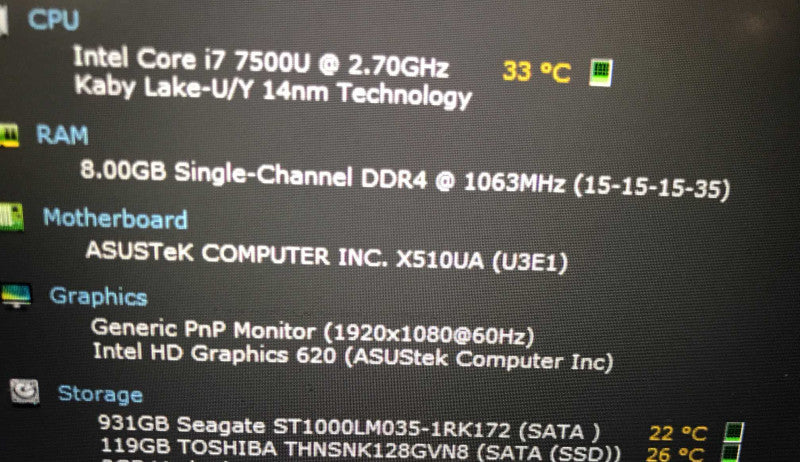 Asus Vivobook S510U i7-7500U, 8GB DDR4, 119GB SSD + 1TB HDD **With BOX !!