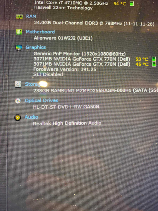 ALIENWARE P19E Laptop Intel Core i7 4710MQ 24GB RAM 250GB MSATA READ!