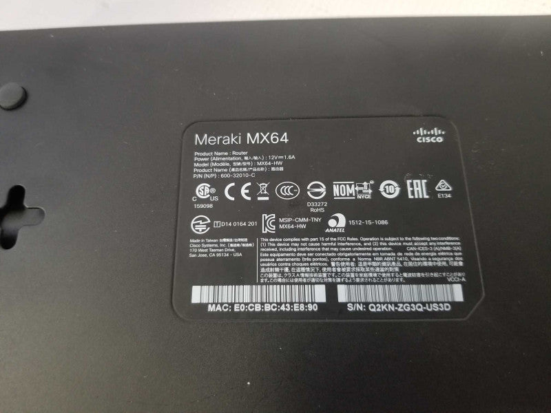 Cisco Meraki MX64-HW Cloud Managed Security Appliance - UNCLAIMED _