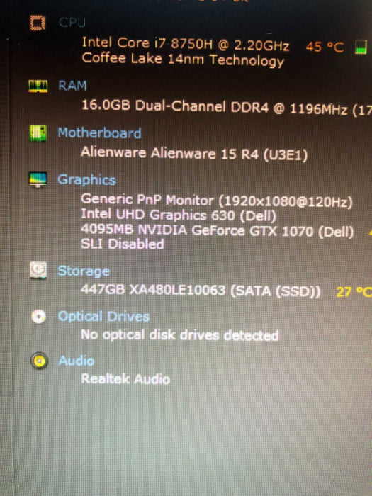 Alienware  15 R4. intel i7-8750h @ 2.20Ghz / 16GB Ram / 480GB Sata ssd.