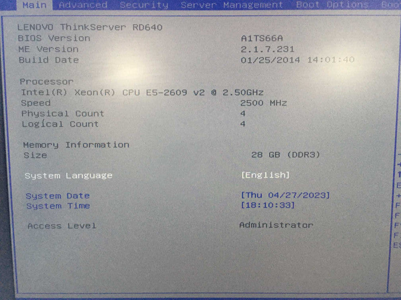 Lenovo Thinkserver RD640 Xeon E5-2609 V2 @ 2.50ghz 28gb ram 9240-8i Raid 1xPS