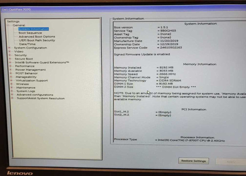 Dell OptiPlex 3070 SFF Core i7-8700T @ 2.4GHz 8GB DDR4 No HDD Q#