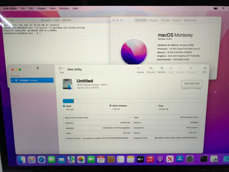 MacBook Air 2018 Retina (A1932) i5-8210Y, 16GB DDR3, 250GB SSD **READ*